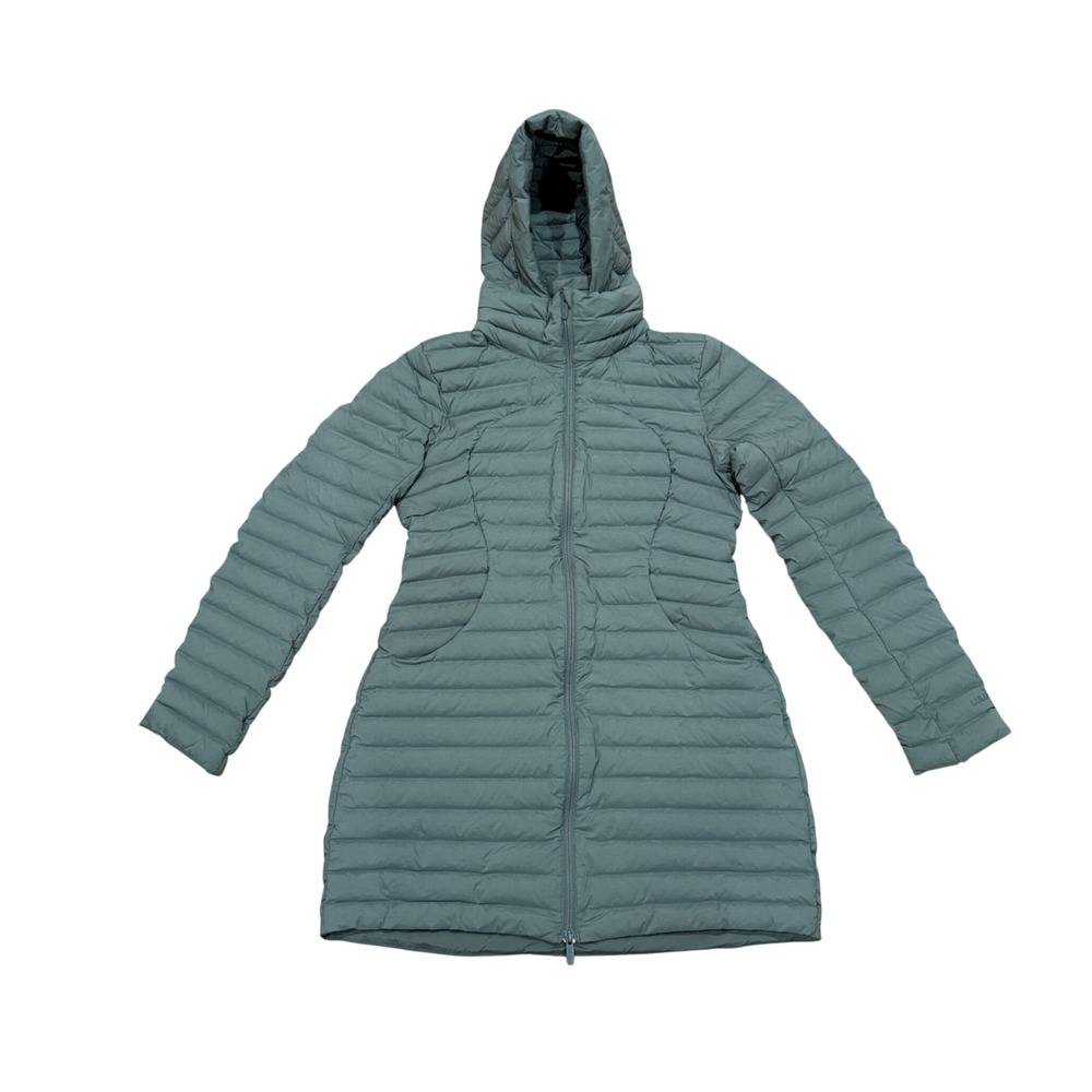 Lululemon Pack It Down Jacket Long Green Sage Size 8 Hooded Puffer Coat Light